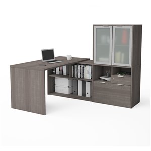 Bestar i3 Plus Modern L-Shaped Desk with Frosted Glass Doors Hutch - 71.1-in - Bark Grey