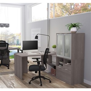 Bureau en L avec rangement et portes en verre givré moderne i3 Plus de Bestar, 71,1 po, gris écorce