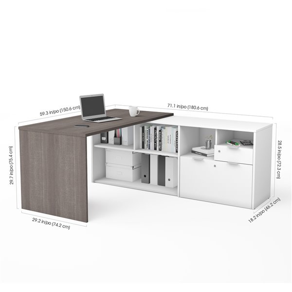 Bestar i3 Plus Contemporary L-Shaped Desk - 71.1-in - Bark Grey/White