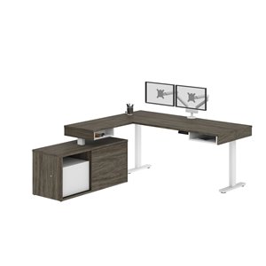Bestar Pro-Vega Modern L-Shaped Standing Desk with Monitor Arm and Credenza - 80.3-in - Walnut Grey/White