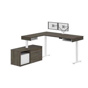 Bureau debout en L avec bras-support et bahut moderne Pro-Vega de Bestar, 80,3 po, noyer/gris et blanc