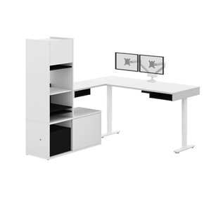 Bureau debout en L avec bras-support, bahut et rangement moderne Pro-Vega de Bestar, 80,3 po, blanc/noir