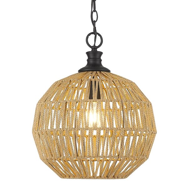 Golden Lighting Florence Medium Pendant - Coastal - Matte Black/Natural Raphia Rope