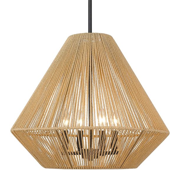 Golden Lighting Valentina 4-Light Pendant - Coastal - Matte Black/Natural Raphia Rope