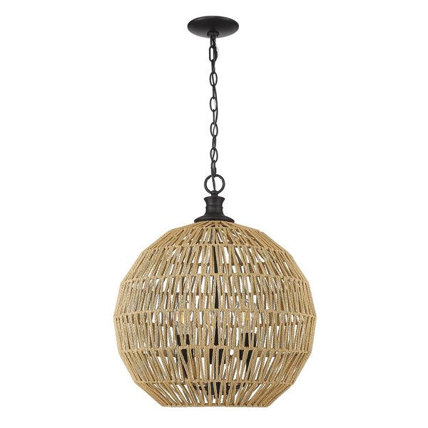 Golden Lighting Florence 3-Light Pendant - Coastal - Matte Black/Natural Raphia Rope