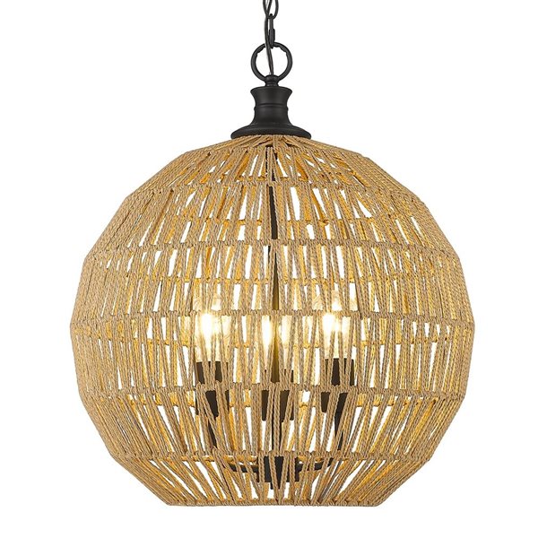 Golden Lighting Florence 3-Light Pendant - Coastal - Matte Black/Natural Raphia Rope