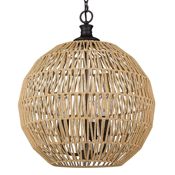 Golden Lighting Florence 3-Light Pendant - Coastal - Matte Black/Natural Raphia Rope