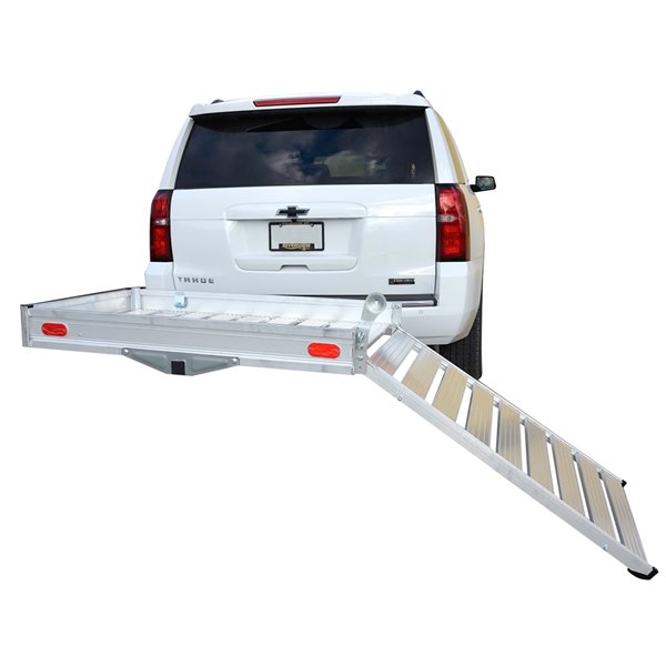 thumbnail interactive-video image 1 of IRONMAX 50x29.5 Aluminum Hitch-Mounted Cargo Carrier With Ramp – 40 Lbs Capacity 1 of 2