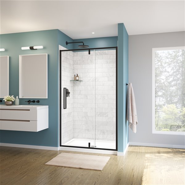 Porte de douche pivotante UpTown par MAAX noir mat de 76 po x 45 po à 47 po (verre transparent)