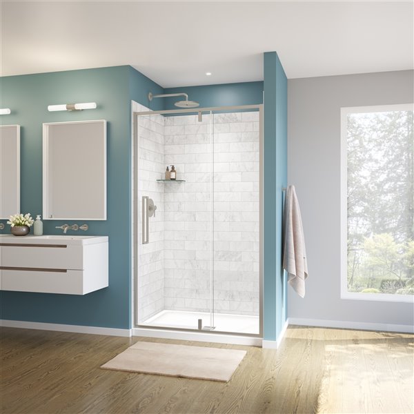MAAX UpTown 76-in x 45-in to 47-in Brushed Nickel Pivot Shower Door (Clear Glass)