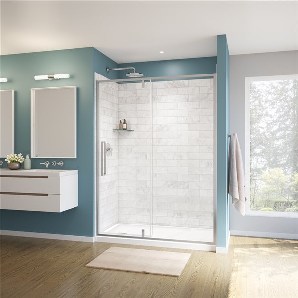 MAAX UpTown 76-in x 57-in to 59-in Chrome Pivot Shower Door (Clear Glass)