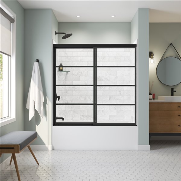 MAAX Incognito 57-in x 56-in to 59-in Matte Black Sliding Bathtub Door (Shaker Glass)