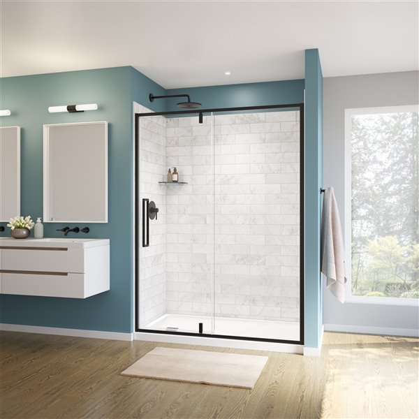 MAAX UpTown 76-in x 57-in to 59-in Matte Black Pivot Shower Door and 8-mm Clear Glass