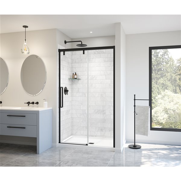 MAAX UpTown 76-in x 44-in to 47-in Matte Black Sliding Shower Door for Alcove Installation 8-mm Clear Glass