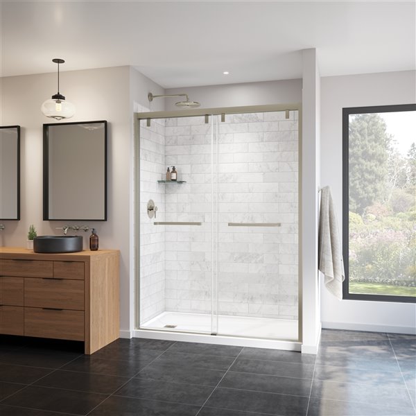 MAAX UpTown Brushed Nickel 76-in x 56-in to 59-in Sliding Shower Door (Clear Glass)
