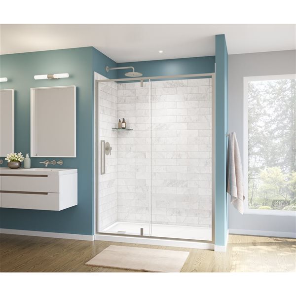 MAAX UpTown 76-in x 57-in to 59-in Brushed Nickel Pivot Shower Door (Clear Glass)