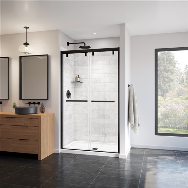 MAAX UpTown Matte Black 76-in x 44-in to 47-in Sliding Shower Door (Clear Glass)