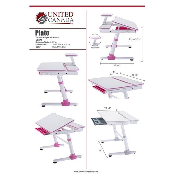 United Canada Plato Modern Contemporary Adjustable Desk - 38-in - Pink Matte