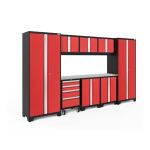 NewAge Products Bold Series Cabinet Set - Steel and Stainless Steel - 4 Drawers - Capacity of 3700 lb - Set of 9 Pieces - Red
