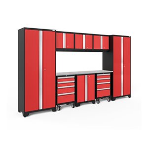NewAge Products Bold Series Cabinet Set - Steel and Stainless Steel - 8 Drawers - Capacity of 3700 lb - Set of 9 Pieces - Red