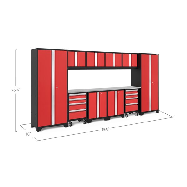 Armoires en acier Bold Series de New Age Products, surface en acier inoxydable, 8 tiroirs, capacité de 4400 lb, 12 mcx, rouge