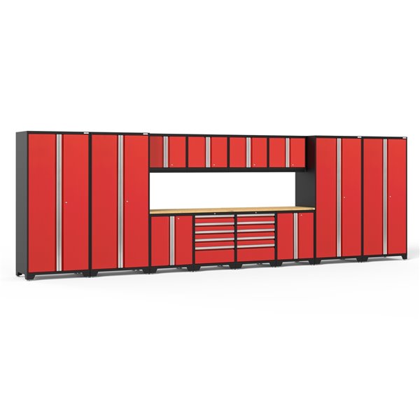 NewAge Products Pro Series Cabinet Set - Steel and Bamboo - 10 Drawers - Capacity of 8800 lb - Set of 14 Pieces - Red