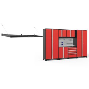 NewAge Products Pro Series Cabinet Set - Steel and Stainless Steel - 5 Drawers - Adjustable Shelves - Set of 7 Pieces - Red