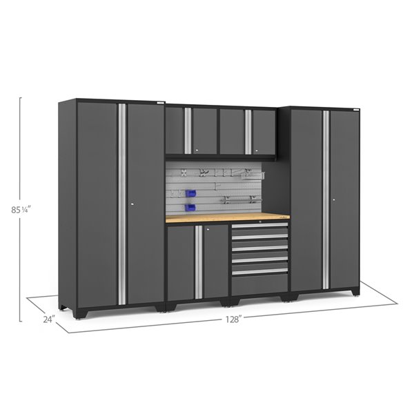 NewAge Products Pro 128-in W x 85.25-in H Grey Steel Cabinet Set Stainless Steel Surface 4400 lb Capacity 7/Pcs