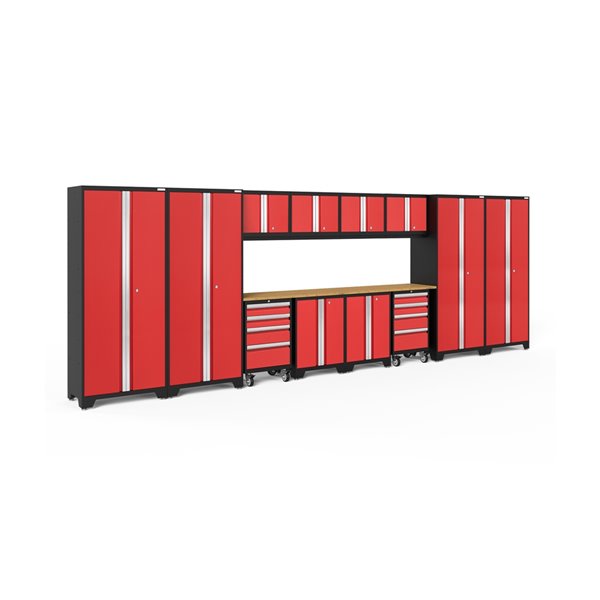 NewAge Products Bold Series Cabinet Set - Steel and Bamboo - 8 Drawers - Capacity of 6000 lb - Set of 14 Pieces - Red