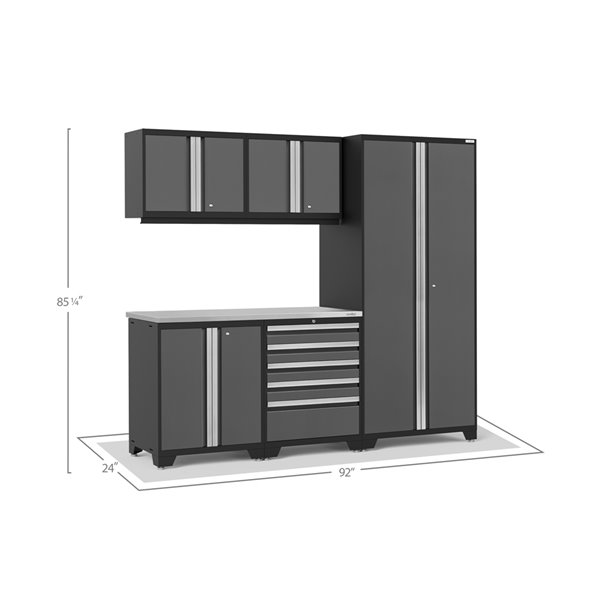 Armoires en acier Pro Series de New Age Products, surface en acier inoxydable, 5 tiroirs, capacité de 3400 lb, 6 mcx, gris