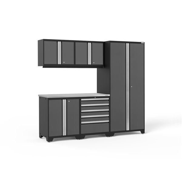 NewAge Products Pro Series Cabinet Set - Steel and Stainless Steel - 5 Drawers - Capacity of 3400 lb - Set of 6 Pieces - Grey