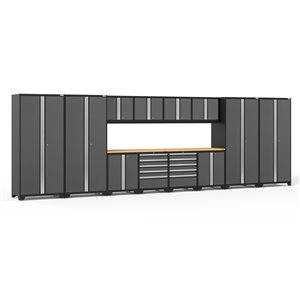 NewAge Products Pro Series Cabinet Set - Steel and Bamboo - 10 Drawers - Capacity of 8800 lb - Set of 14 Pieces - Grey