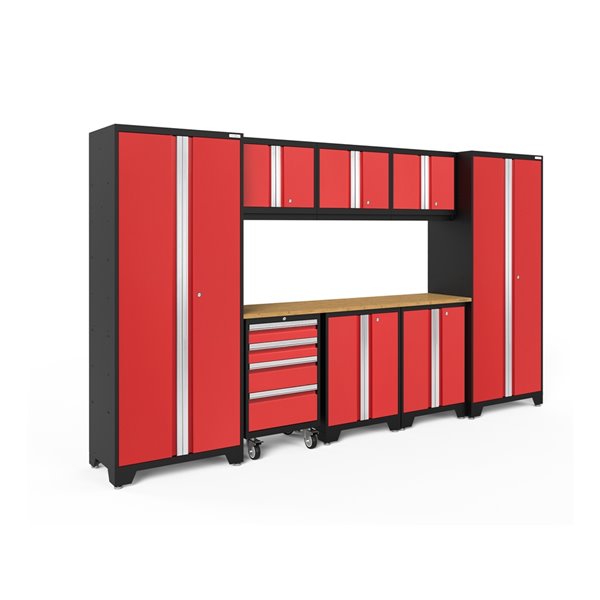 NewAge Products Bold Series Cabinet Set - Steel and Bamboo - 4 Drawers - Capacity of 3700 lb - Set of 9 Pieces - Red