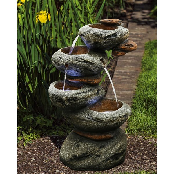 Hi-Line Gift Ltd. 4-Tier Stone Fountain with LED Lights - Grey