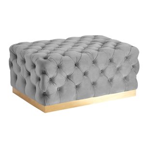 Hi-Line Gift Velvet All-Over Button-Tufted Cocktail Ottoman - Grey/Gold