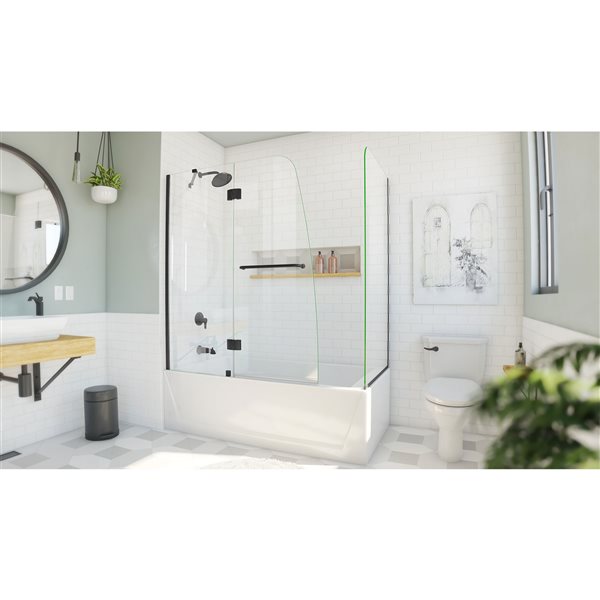 DreamLine Aqua Frameless Hinged Tub Door - 58-in x 56-in to 60-in - Satin Black/Clear Glass