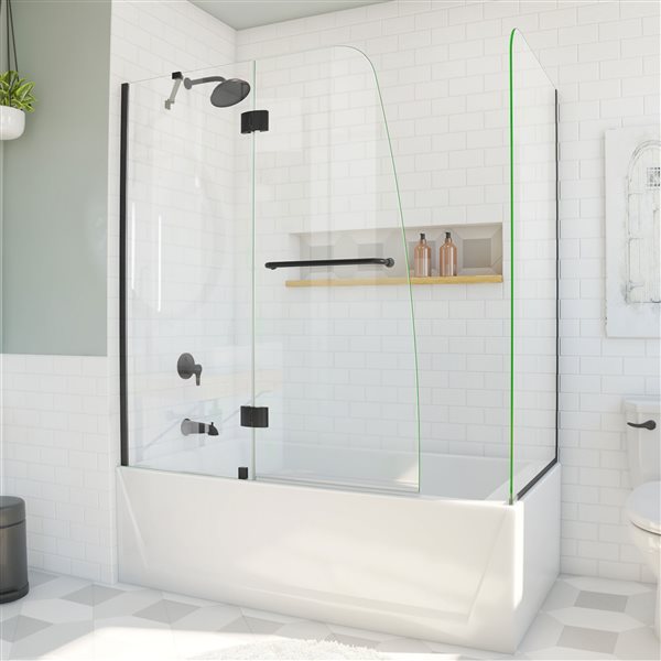 DreamLine Aqua Frameless Hinged Tub Door - 58-in x 56-in to 60-in - Satin Black/Clear Glass