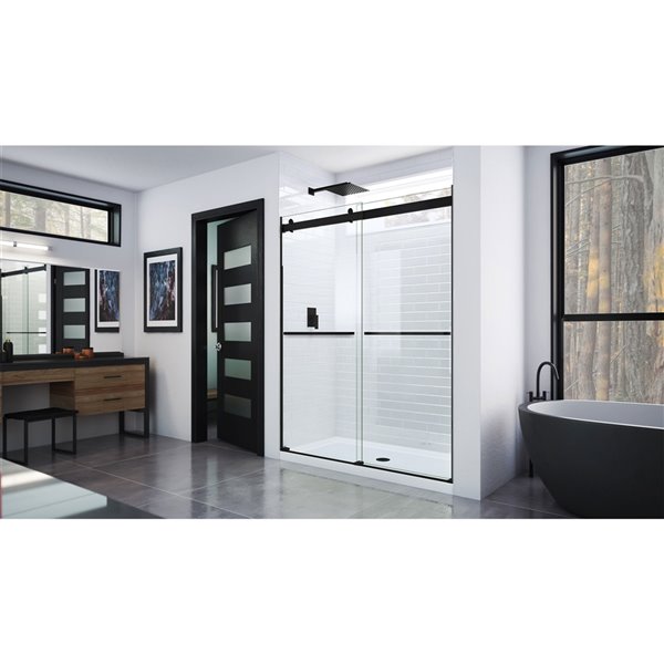 DreamLine Essence 76-in x 56-in to 60-in Satin Black/Clear Glass Frameless Bypass/Sliding Shower Door