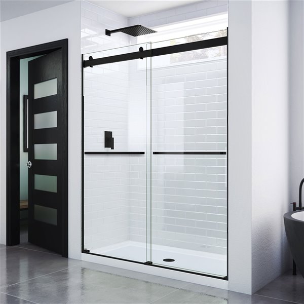 DreamLine Essence 76-in x 56-in to 60-in Satin Black/Clear Glass Frameless Bypass/Sliding Shower Door