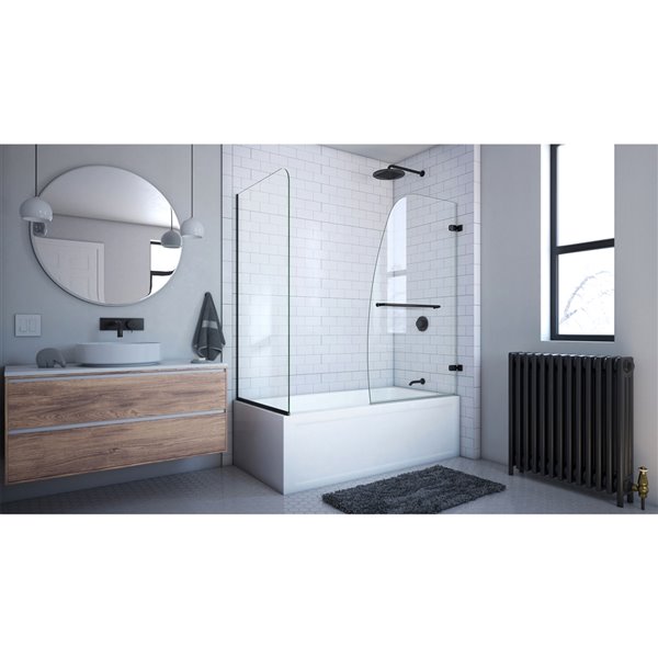 DreamLine Aqua Uno Frameless Hinged Tub Door - 58-in x 56-in to 60-in - Satin Black/Clear Glass