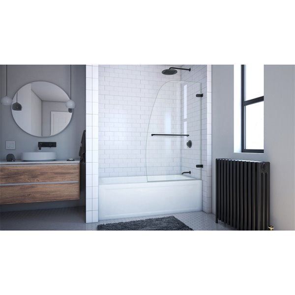 DreamLine Aqua Uno Frameless Hinged Bathtub Door - 58-in x 34.31-in to 34.31-in - Satin Black/Clear Glass