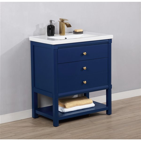 Design Element Logan 30-in Blue Single sink Bathroom Vanity with White Porcelain Top