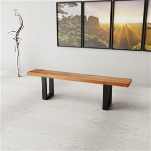 Banc de salle à manger rectangulaire Zen de Corcoran en bois d'Acacia, 72 po, pattes en métal noir en forme de U