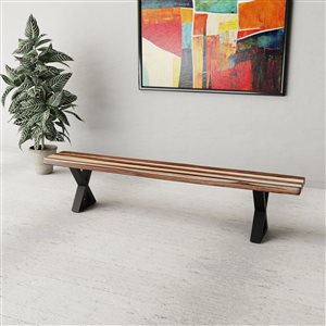 Banc de salle à manger rectangulaire Zen de Corcoran en bois de Sheesham, 84 po, pattes en métal noir en forme de X