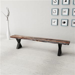 Banc de salle à manger Zen de Corcoran en bois de Sheesham, 84 po, bois brun foncé/pattes en métal noir en forme de X