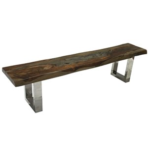 Banc de salle à manger Zen de Corcoran en bois de Sheesham, 72 po, bois brun foncé/pattes en acier inoxydable en forme de U