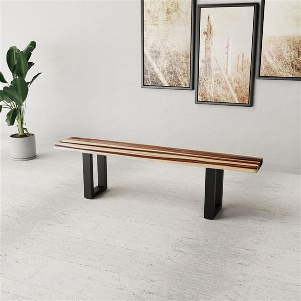 MobX Zen Rectangular Sheesham Dining Bench - 72-in - Black Metal U Legs