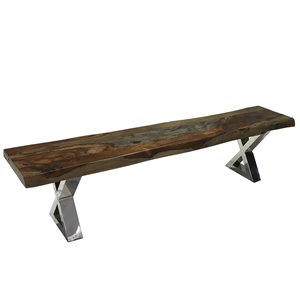 Banc de salle à manger Zen de Corcoran en bois de Sheesham, 84 po, bois brun foncé/pattes en acier inoxydable en forme de X