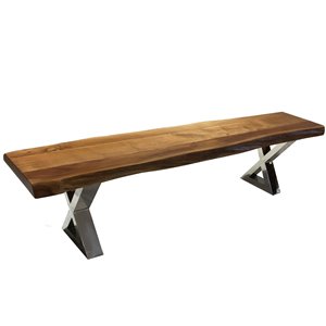 Banc de salle à manger rectangulaire Zen de Corcoran en bois d'Acacia, 84 po, pattes en acier inoxydable en forme de X