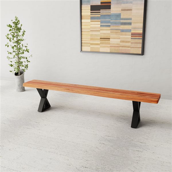 MobX Zen Rectangular Acacia Dining Bench - 84-in - Black Metal X Legs